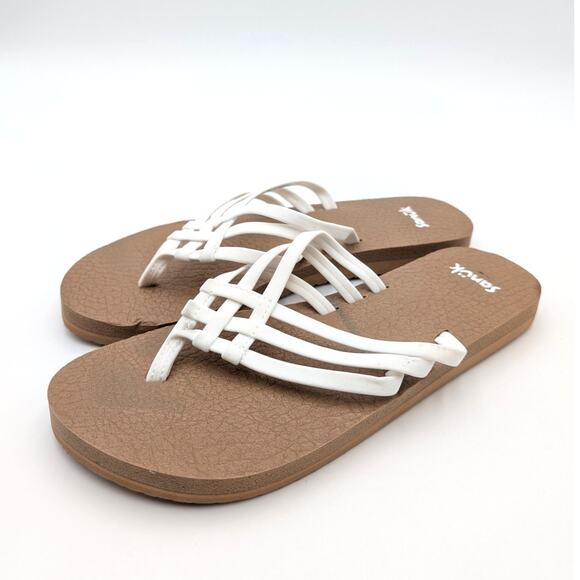 Sanuk Yoga Sandy Flip Flop Sandal Crisscross Strap Tan/White Women's Size US7 - Picture 1 of 11